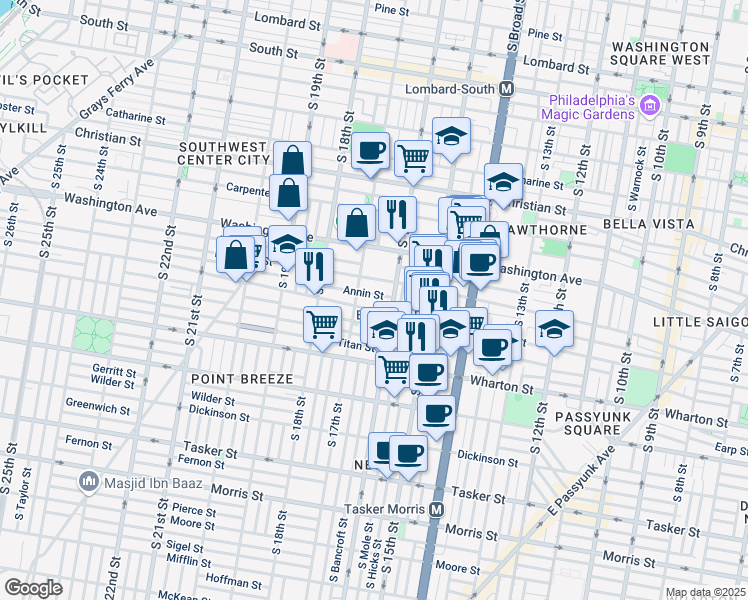 map of restaurants, bars, coffee shops, grocery stores, and more near in Philadelphia