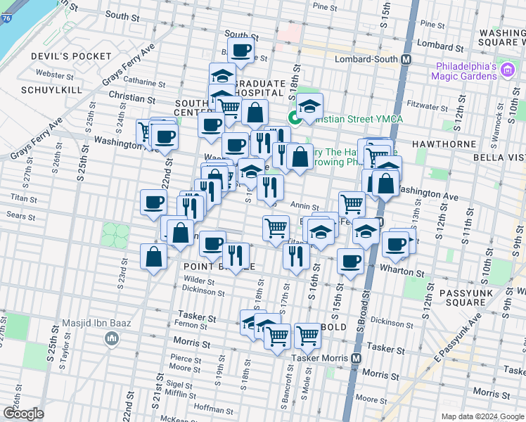map of restaurants, bars, coffee shops, grocery stores, and more near 1226 South 18th Street in Philadelphia