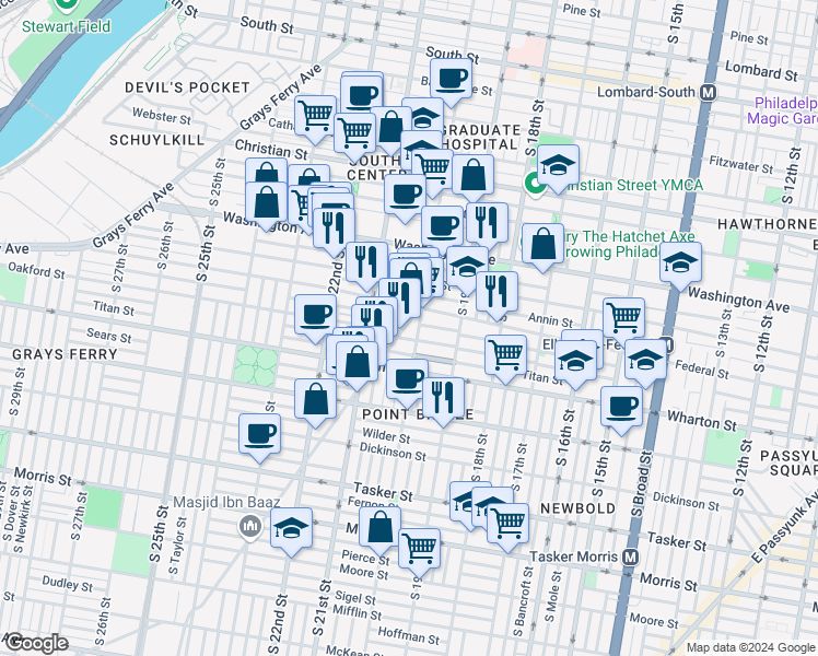 map of restaurants, bars, coffee shops, grocery stores, and more near in Philadelphia