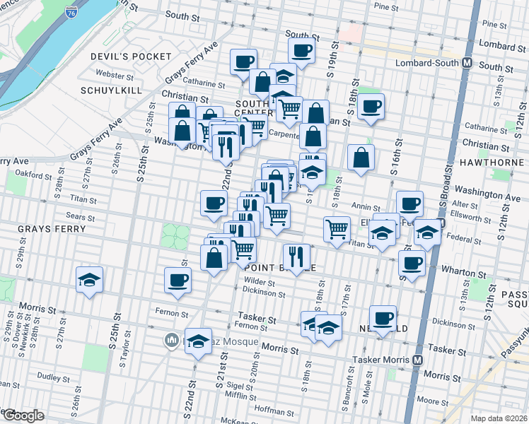 map of restaurants, bars, coffee shops, grocery stores, and more near 2042 Titan Street in Philadelphia