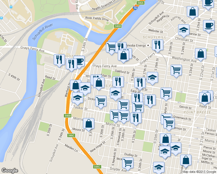 map of restaurants, bars, coffee shops, grocery stores, and more near 2943 Gerritt Street in Philadelphia