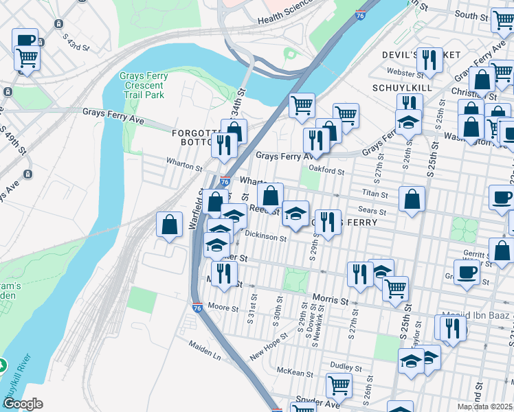 map of restaurants, bars, coffee shops, grocery stores, and more near 1425 South Patton Street in Philadelphia