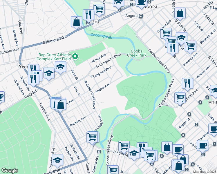 map of restaurants, bars, coffee shops, grocery stores, and more near 1240 Angora Avenue in Yeadon