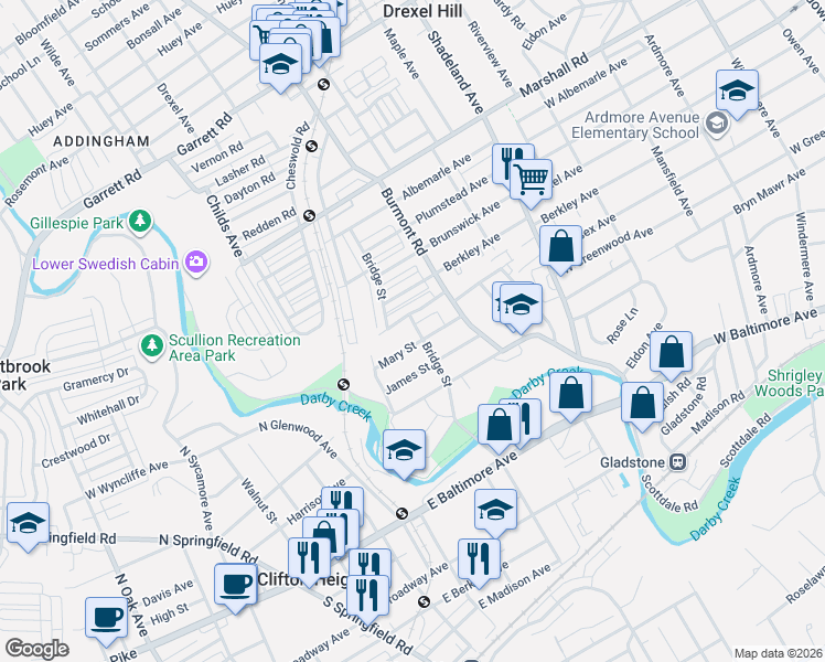 map of restaurants, bars, coffee shops, grocery stores, and more near 3912 Mary Street in Drexel Hill