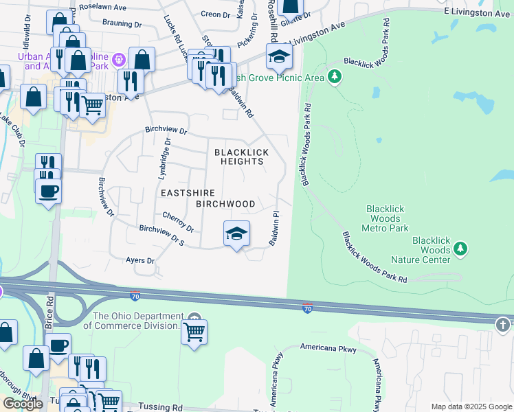 map of restaurants, bars, coffee shops, grocery stores, and more near 6557 Steinway Drive in Reynoldsburg