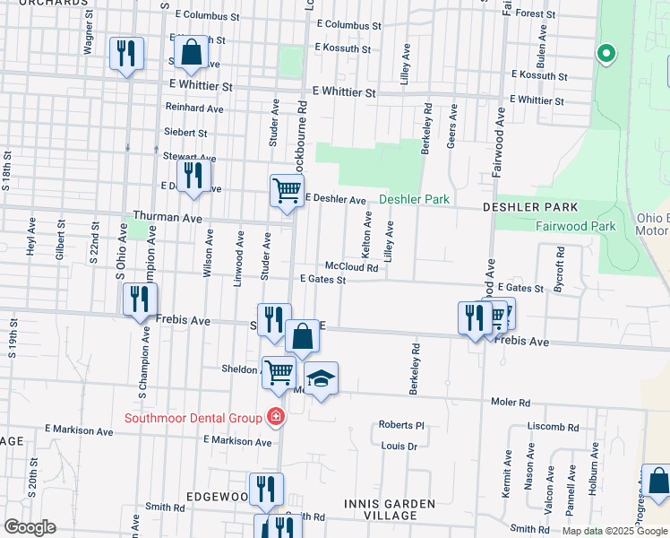 map of restaurants, bars, coffee shops, grocery stores, and more near 1455 Ellsworth Avenue in Columbus