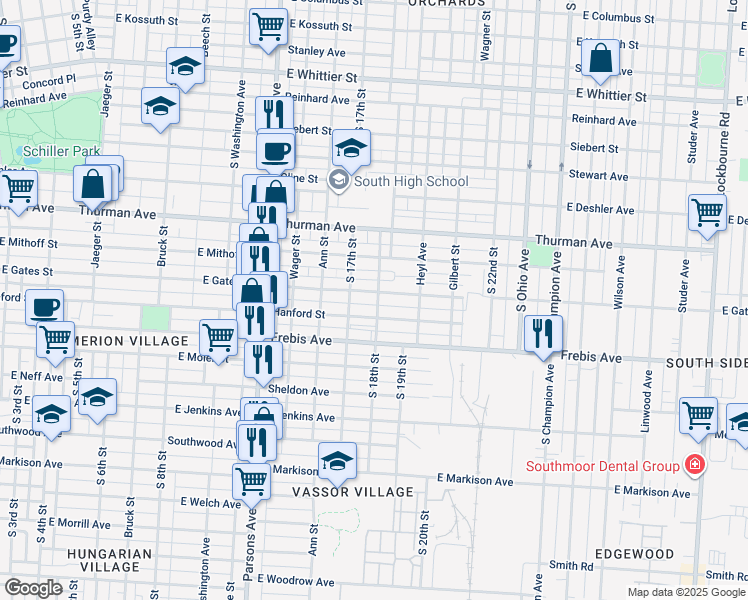 map of restaurants, bars, coffee shops, grocery stores, and more near 629 Hanford Street in Columbus