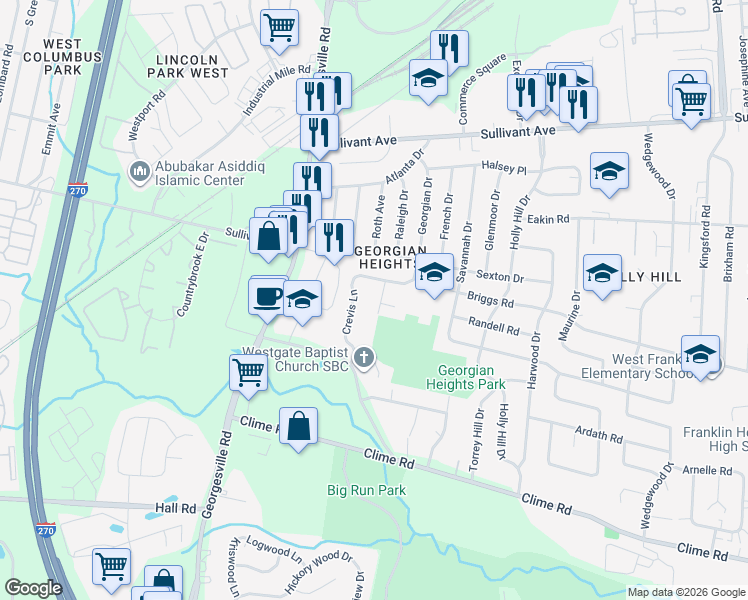 map of restaurants, bars, coffee shops, grocery stores, and more near 814 Cottrell Drive in Columbus