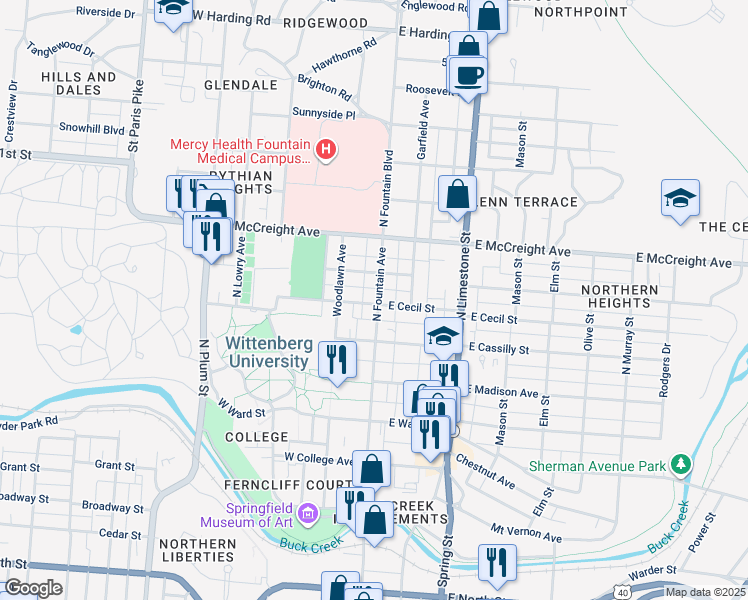 map of restaurants, bars, coffee shops, grocery stores, and more near 917 North Fountain Avenue in Springfield