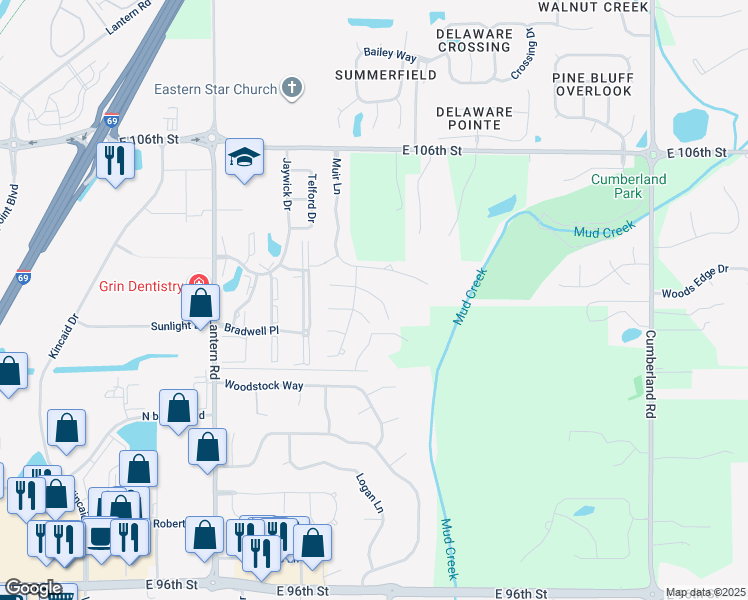 map of restaurants, bars, coffee shops, grocery stores, and more near 9198 Huxley Court in Fishers