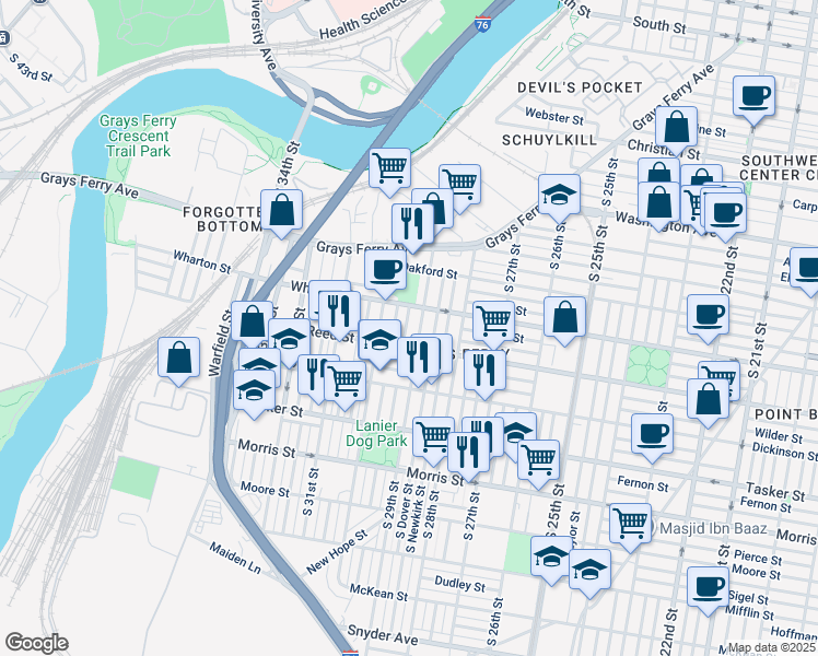map of restaurants, bars, coffee shops, grocery stores, and more near 1327 South Hollywood Street in Philadelphia