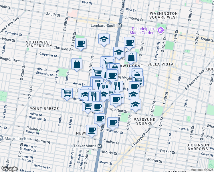 map of restaurants, bars, coffee shops, grocery stores, and more near 1148 South Broad Street in Philadelphia