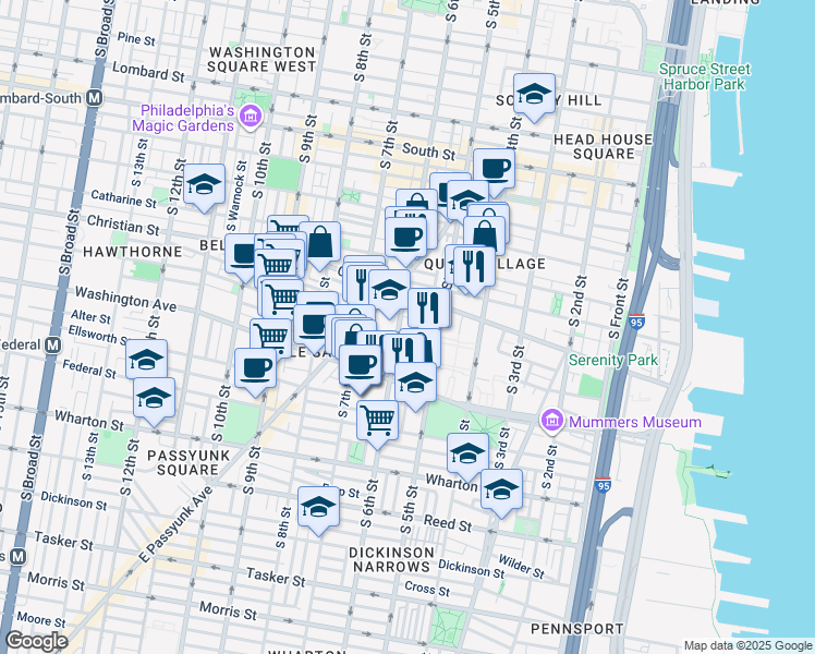 map of restaurants, bars, coffee shops, grocery stores, and more near 908 South Fairhill Street in Philadelphia