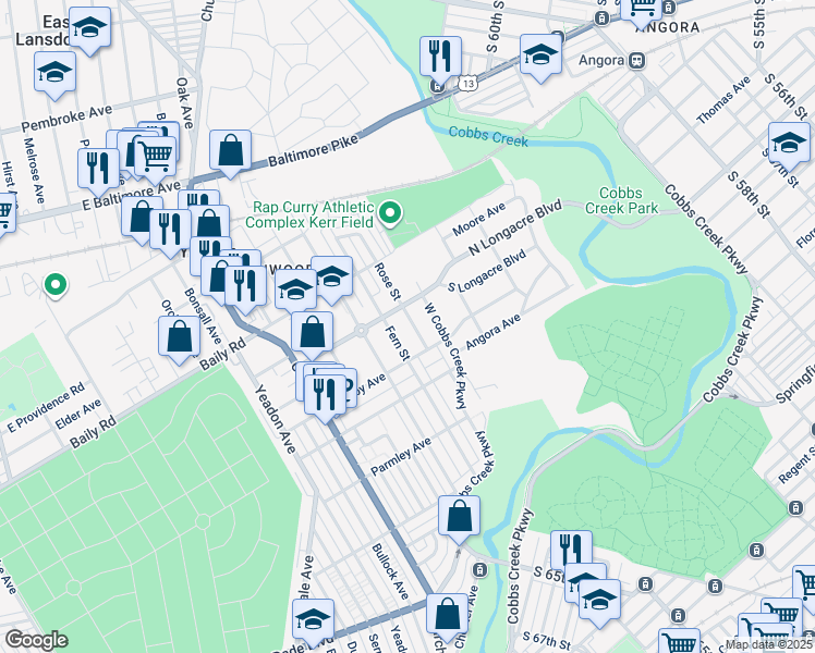 map of restaurants, bars, coffee shops, grocery stores, and more near 660 Rose Street in Yeadon