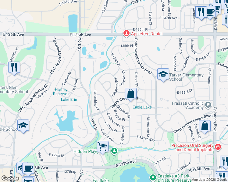 map of restaurants, bars, coffee shops, grocery stores, and more near 13303 Elizabeth Street in Thornton
