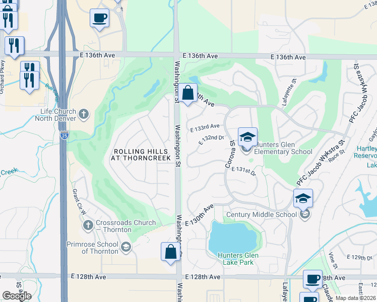 map of restaurants, bars, coffee shops, grocery stores, and more near 829 East 132nd Drive in Thornton