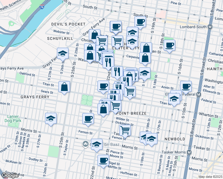 map of restaurants, bars, coffee shops, grocery stores, and more near 2128 Oakford Street in Philadelphia