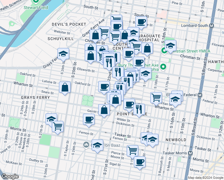 map of restaurants, bars, coffee shops, grocery stores, and more near 2130 Oakford Street in Philadelphia