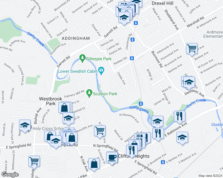 map of restaurants, bars, coffee shops, grocery stores, and more near 232 Blythe Avenue in Upper Darby