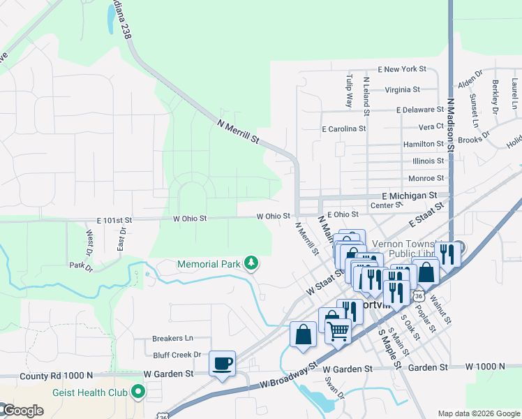map of restaurants, bars, coffee shops, grocery stores, and more near 303 West Ohio Street in Fortville