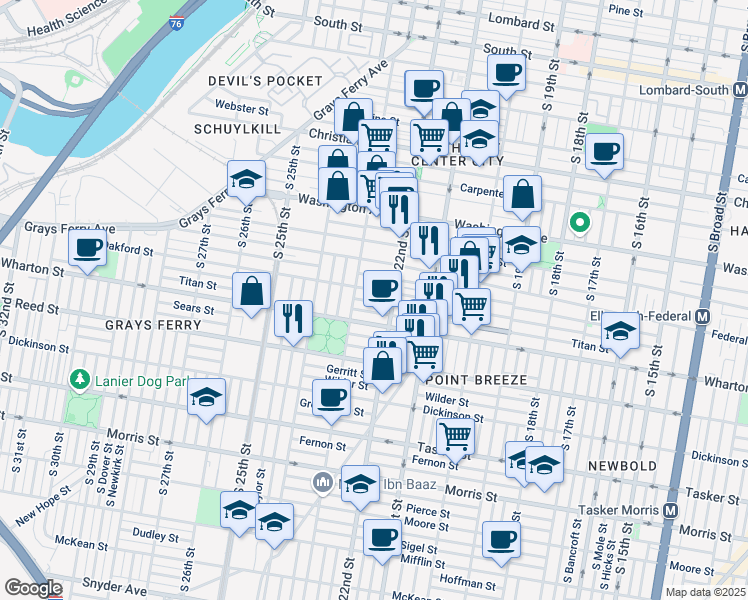 map of restaurants, bars, coffee shops, grocery stores, and more near 2225 Latona Street in Philadelphia