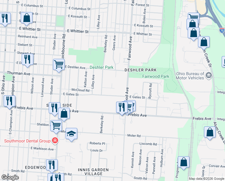 map of restaurants, bars, coffee shops, grocery stores, and more near 1409 East Gates Street in Columbus