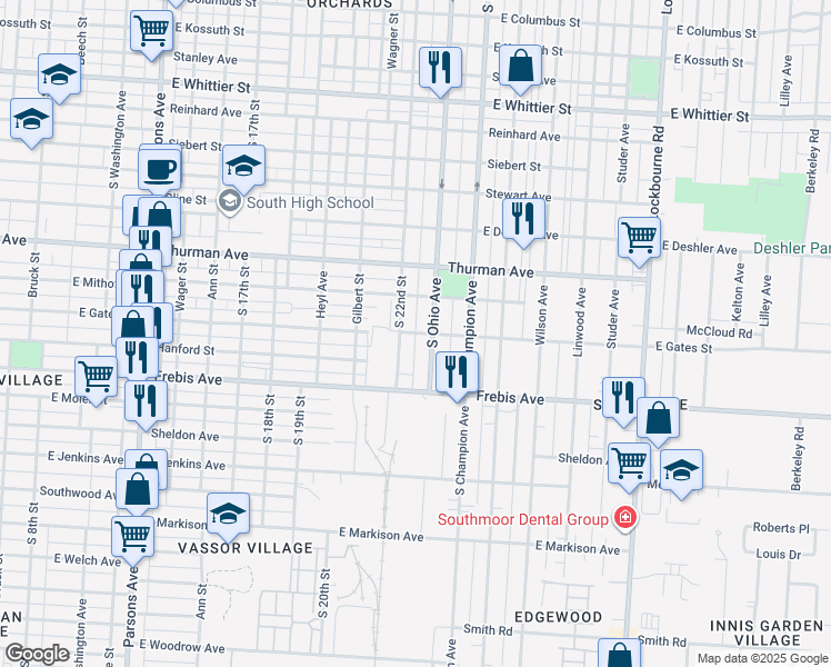 map of restaurants, bars, coffee shops, grocery stores, and more near 827 East Gates Street in Columbus