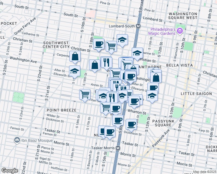 map of restaurants, bars, coffee shops, grocery stores, and more near 1510 Federal Street in Philadelphia