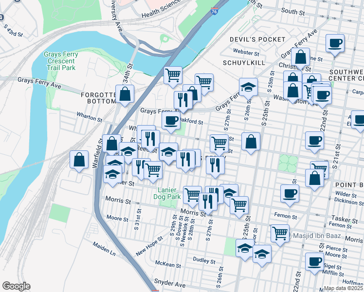 map of restaurants, bars, coffee shops, grocery stores, and more near 1327 South Hollywood Street in Philadelphia
