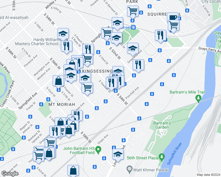 map of restaurants, bars, coffee shops, grocery stores, and more near 1732 South 54th Street in Philadelphia