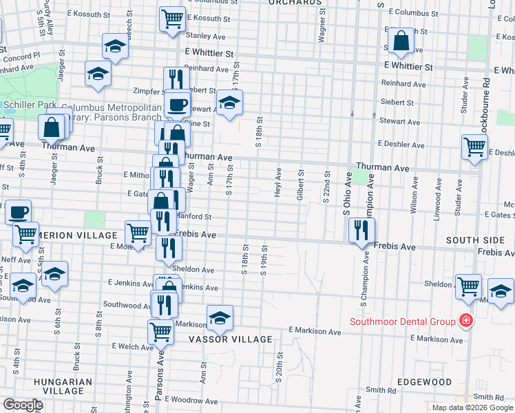 map of restaurants, bars, coffee shops, grocery stores, and more near 653 East Gates Street in Columbus