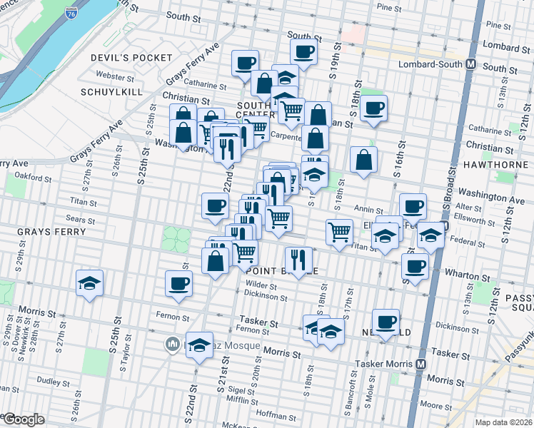 map of restaurants, bars, coffee shops, grocery stores, and more near 2042 Titan Street in Philadelphia