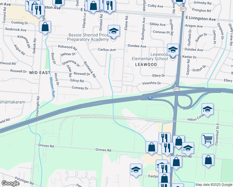 map of restaurants, bars, coffee shops, grocery stores, and more near 3999 Elaine Place South in Columbus