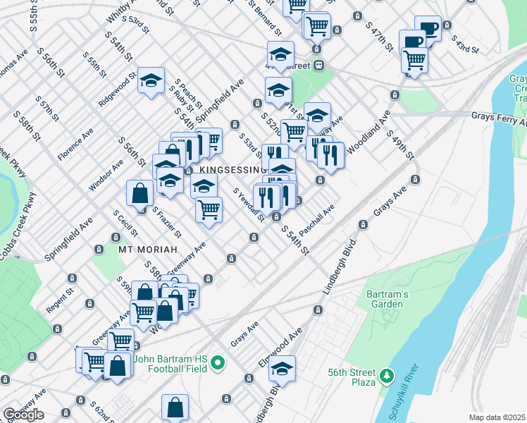 map of restaurants, bars, coffee shops, grocery stores, and more near 1732 South 54th Street in Philadelphia