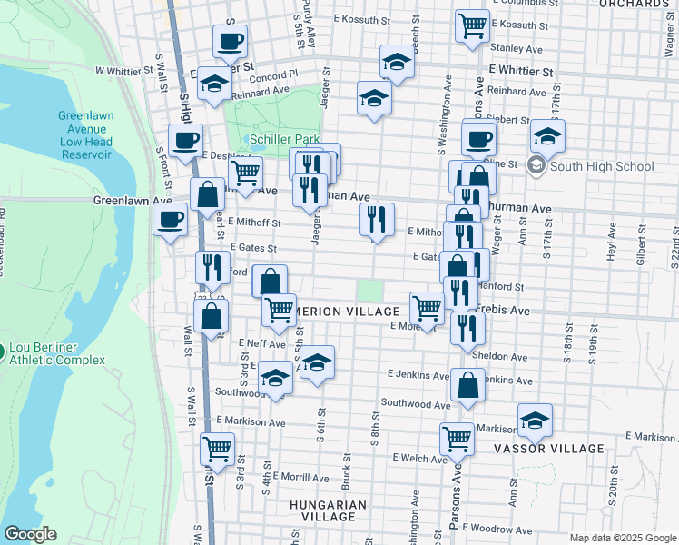 map of restaurants, bars, coffee shops, grocery stores, and more near 214 Hanford Street in Columbus