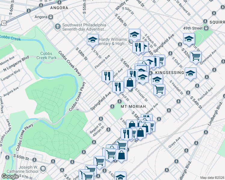 map of restaurants, bars, coffee shops, grocery stores, and more near S 58th St & Springfield Ave in Philadelphia