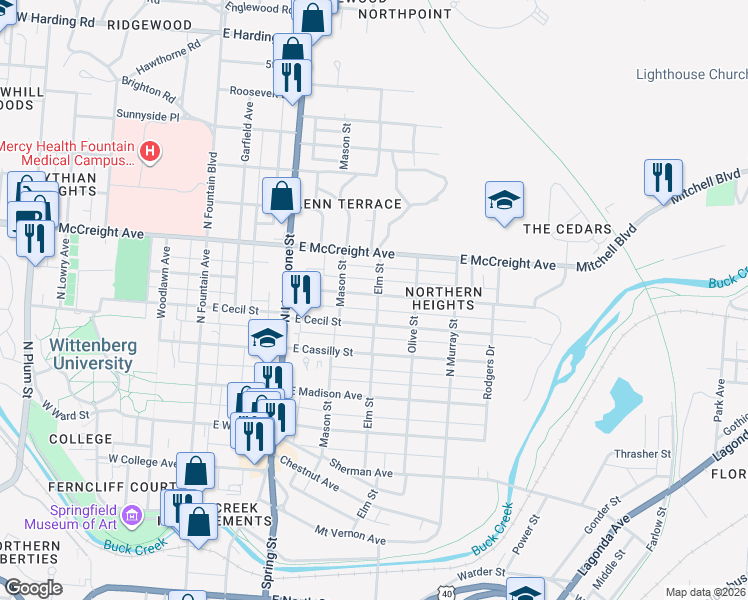 map of restaurants, bars, coffee shops, grocery stores, and more near 407 East Northern Avenue in Springfield