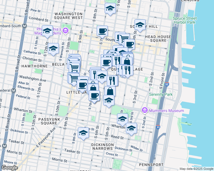 map of restaurants, bars, coffee shops, grocery stores, and more near 906 South Fairhill Street in Philadelphia