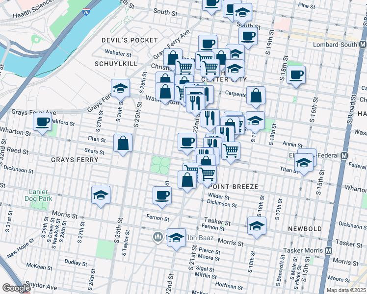 map of restaurants, bars, coffee shops, grocery stores, and more near 2225 Latona Street in Philadelphia