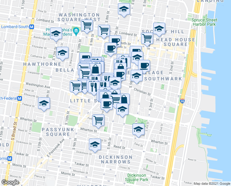 map of restaurants, bars, coffee shops, grocery stores, and more near 601 Carpenter Street in Philadelphia