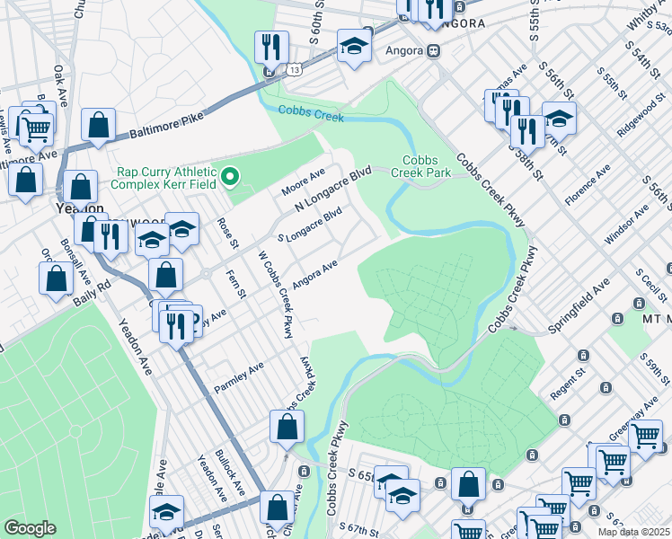map of restaurants, bars, coffee shops, grocery stores, and more near 1240 Angora Avenue in Yeadon