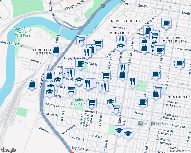 map of restaurants, bars, coffee shops, grocery stores, and more near 1313 South Newkirk Street in Philadelphia