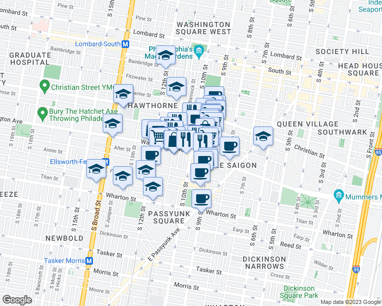 map of restaurants, bars, coffee shops, grocery stores, and more near S 10th St & Washington Ave in Philadelphia
