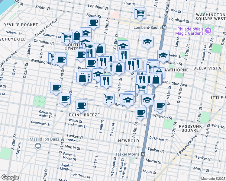 map of restaurants, bars, coffee shops, grocery stores, and more near 1729 Federal Street in Philadelphia