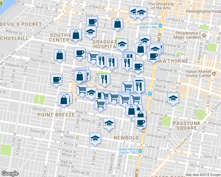 map of restaurants, bars, coffee shops, grocery stores, and more near 1731 Federal Street in Philadelphia