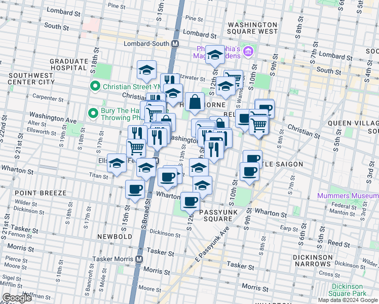 map of restaurants, bars, coffee shops, grocery stores, and more near 1227 Peters Street in Philadelphia