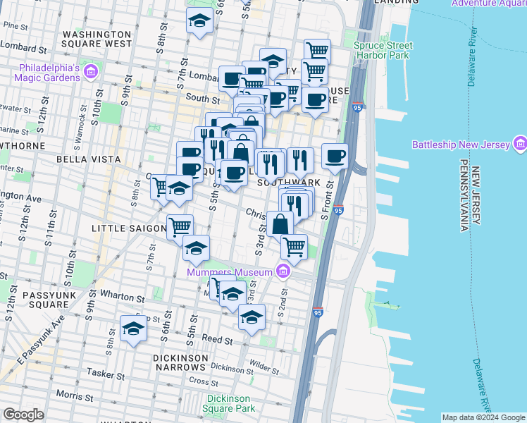 map of restaurants, bars, coffee shops, grocery stores, and more near 840 South 3rd Street in Philadelphia
