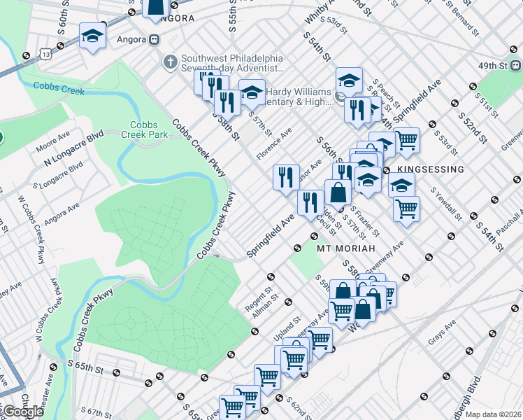 map of restaurants, bars, coffee shops, grocery stores, and more near 5855 Windsor Avenue in Philadelphia