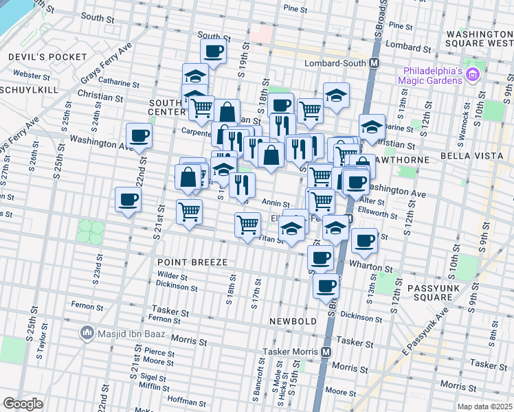 map of restaurants, bars, coffee shops, grocery stores, and more near 1731 Federal Street in Philadelphia