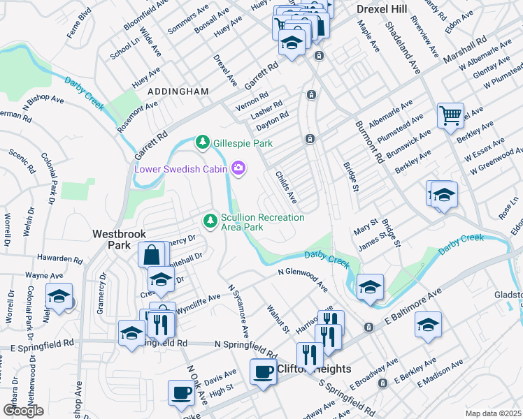 map of restaurants, bars, coffee shops, grocery stores, and more near 234 Blythe Avenue in Drexel Hill